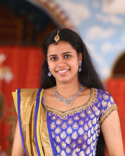  Gorgeous woman in blue and yellow lehanga - feathertouch beauty parlour, pathanamthitta